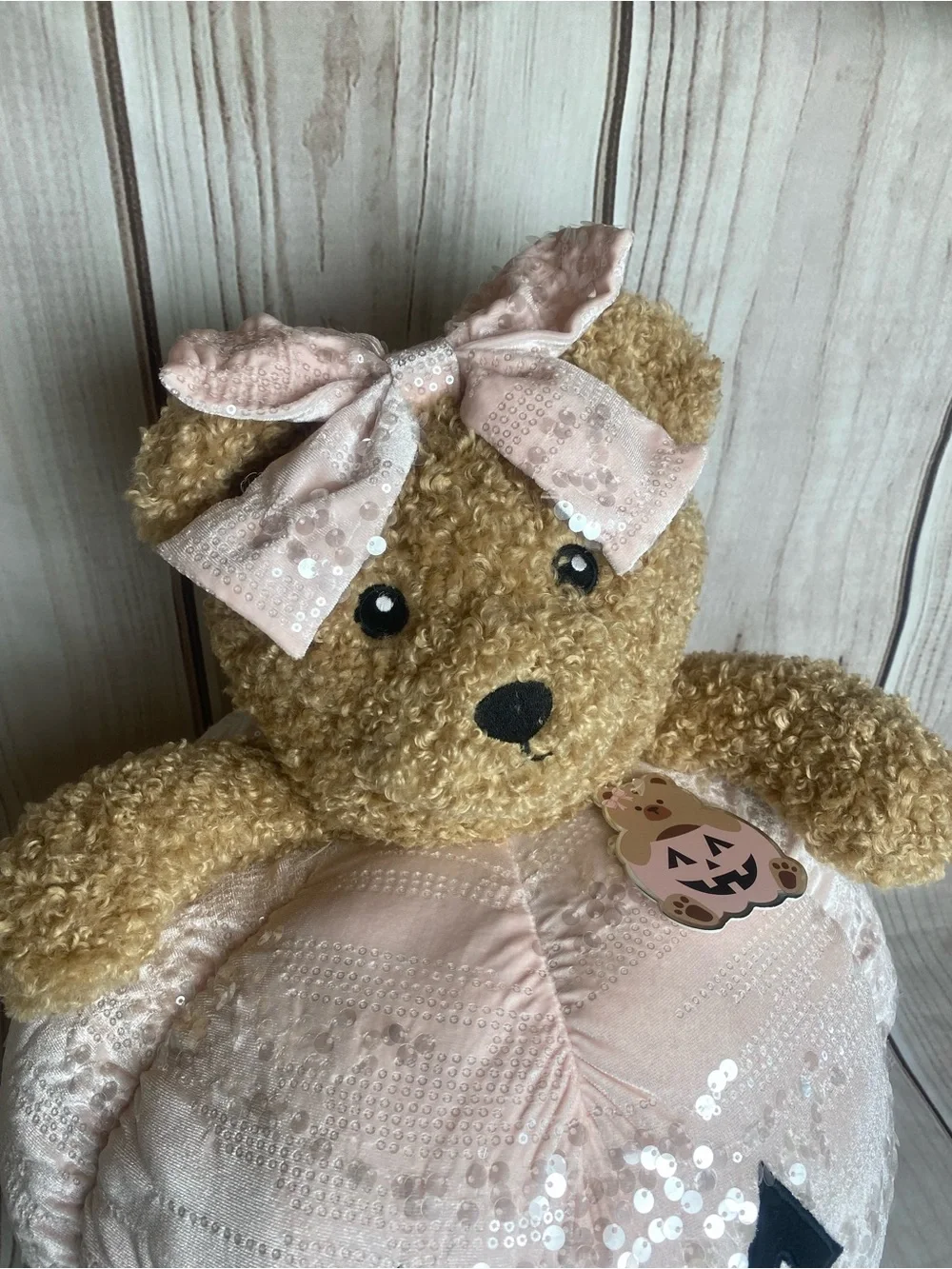 Viral Plush Bear with Pink Sequin Halloween Pumpkin pillow NWT